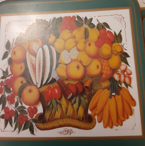 Vintage Pimpernel Coaster Set of 6 Cork Backing Williamsburg Fruit Pattern - Picture 2 of 8